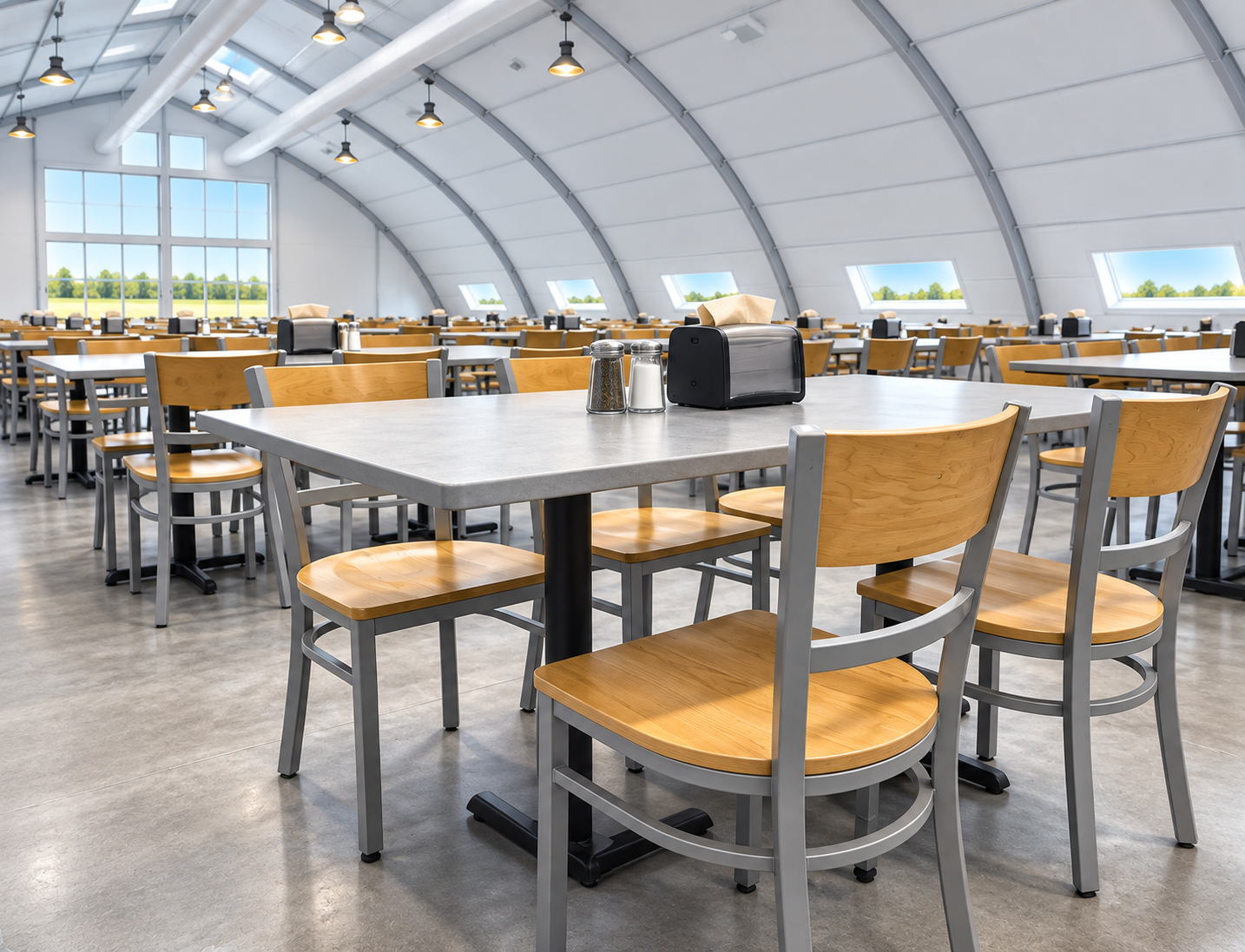 Tables and chairs arranged inside a temporary dining hall
