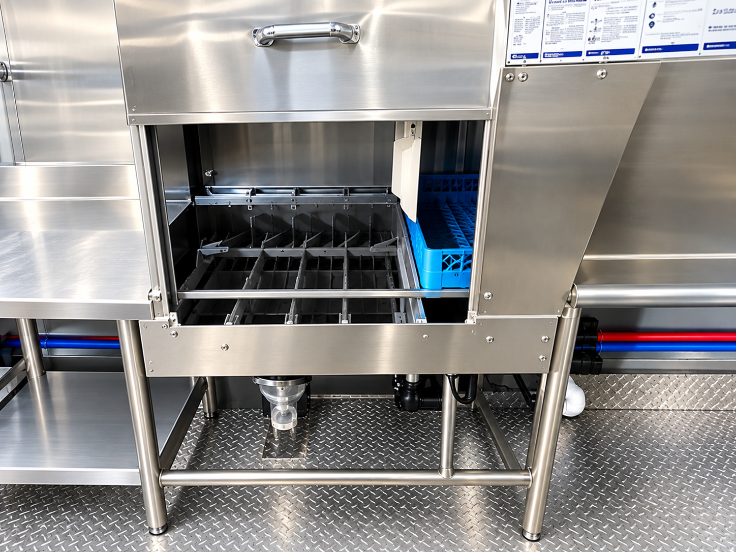 Commercial dishwashing conveyor inside an example trailer
