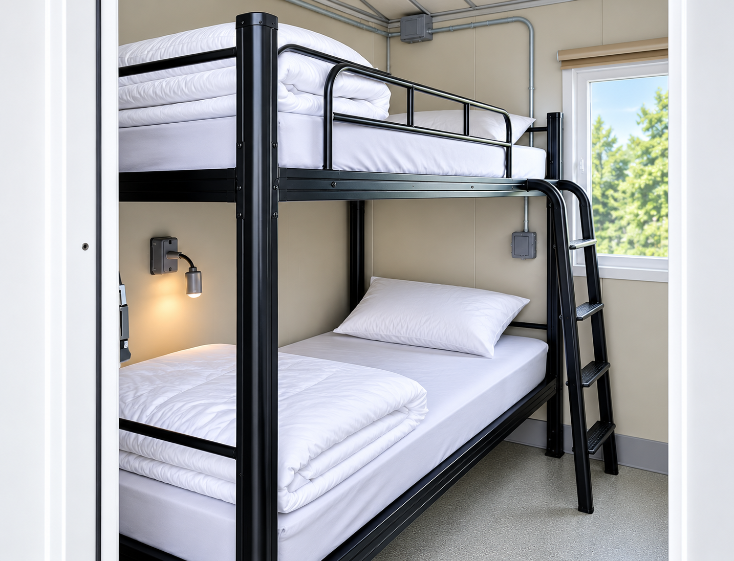 Bunk beds in a temporary sleeper trailer room