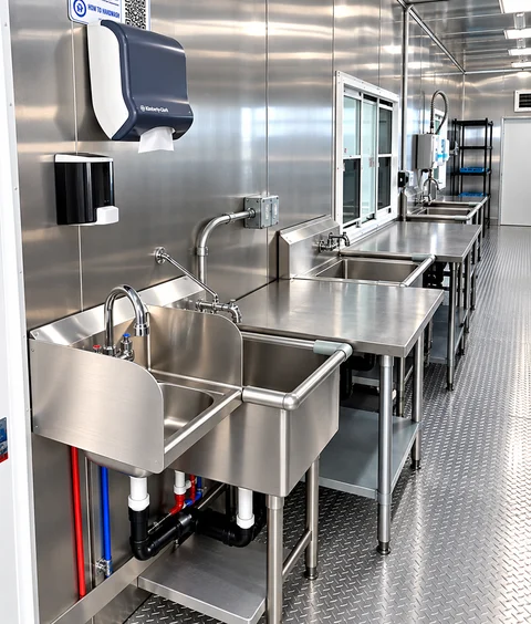 Commercial dishwashing equipment inside a trailer