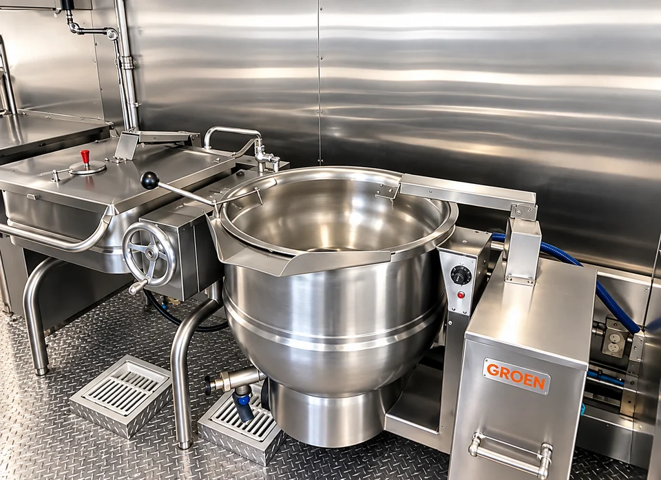 Steam kettle and tilting skillet inside the bulk kitchen