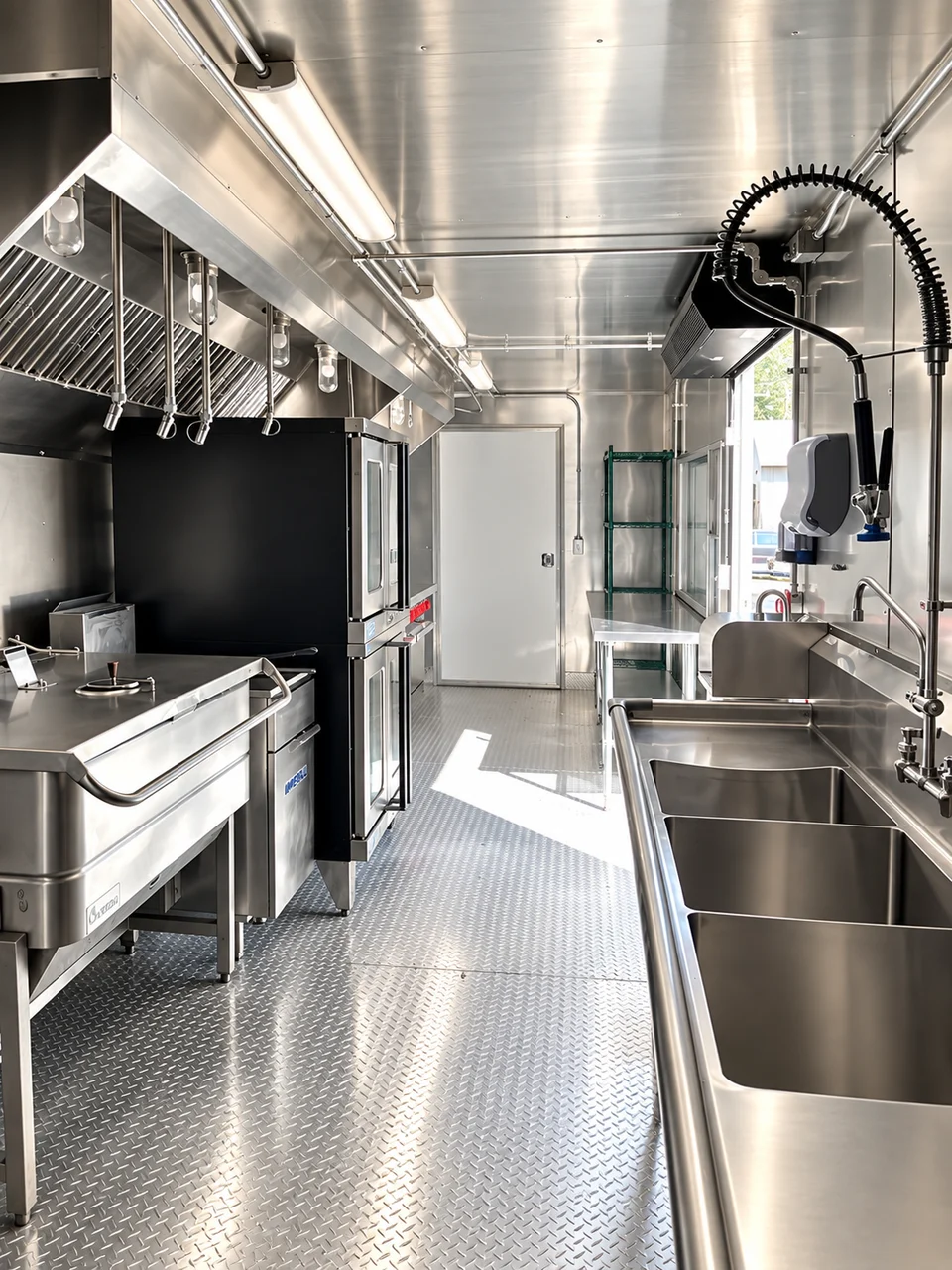 Three-compartment sink inside the combination kitchen trailer