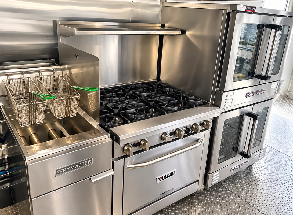Fryer, range and ovens inside the bulk kitchen