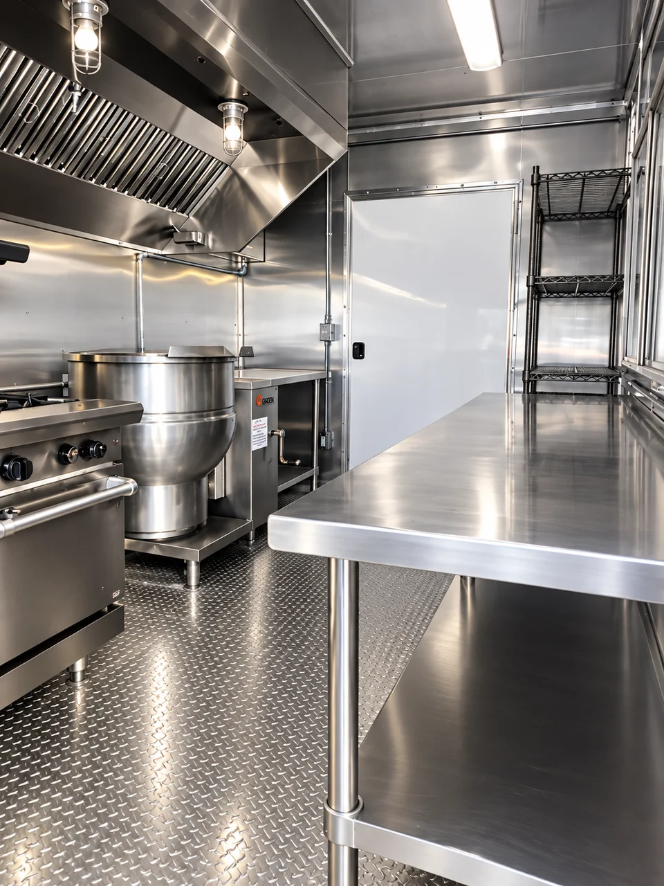 Steam kettle and stainless preparation table inside the bulk-combination kitchen