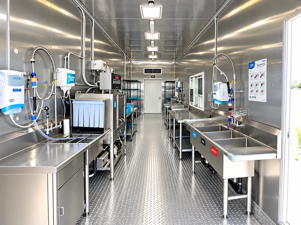 Stainless washing line inside the conveyor dishwashing trailer