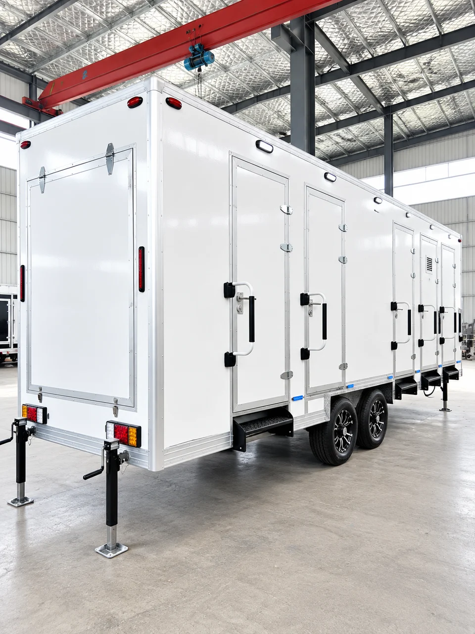Private external entrances on the shower-only trailer