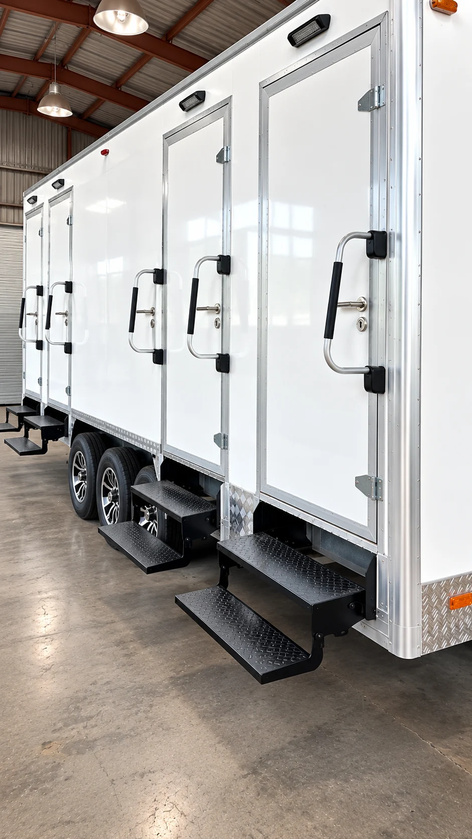 Private entrances on a shower-restroom combination trailer inside a warehouse
