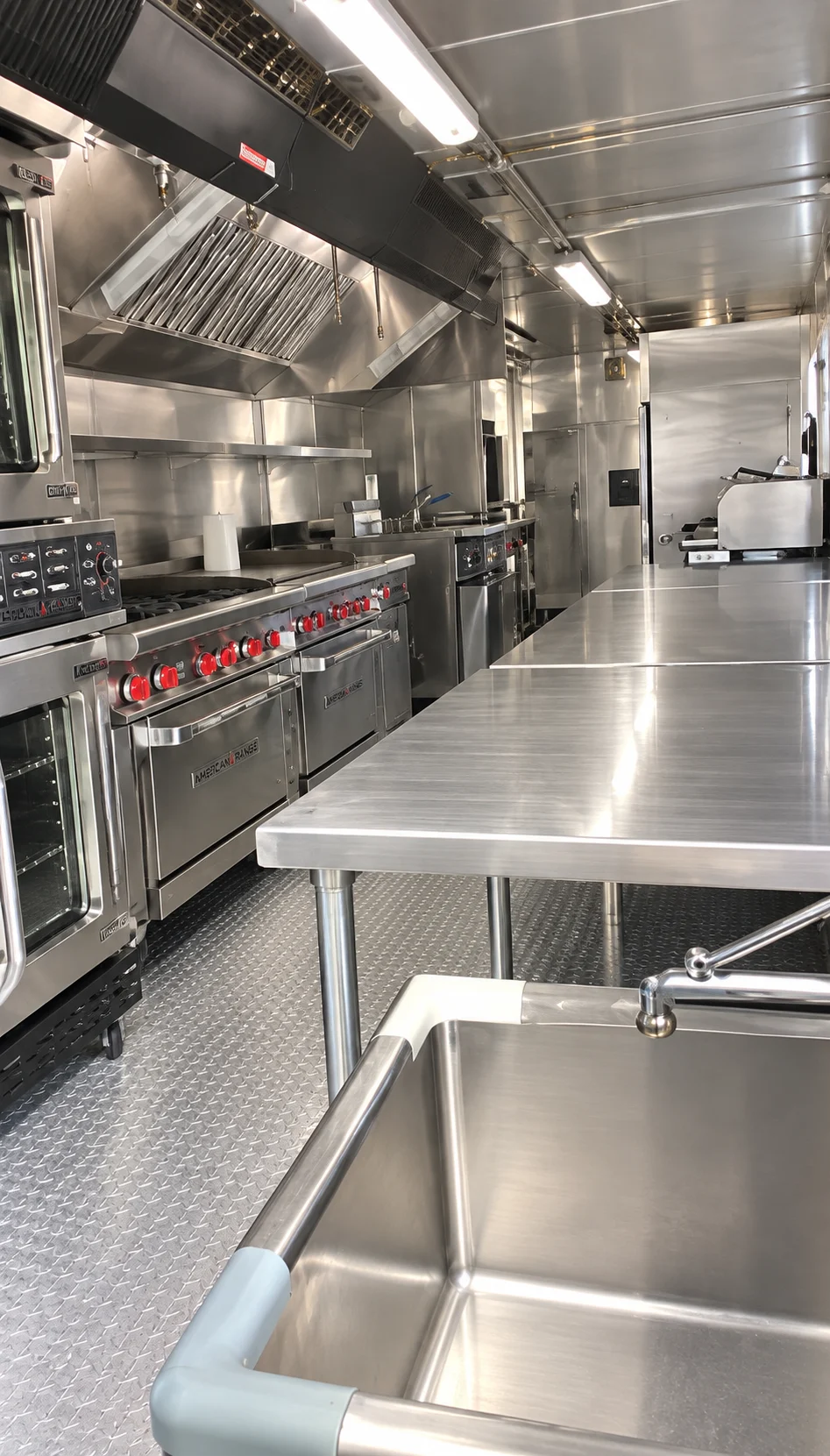 Cooking and preparation aisle inside the mobile kitchen