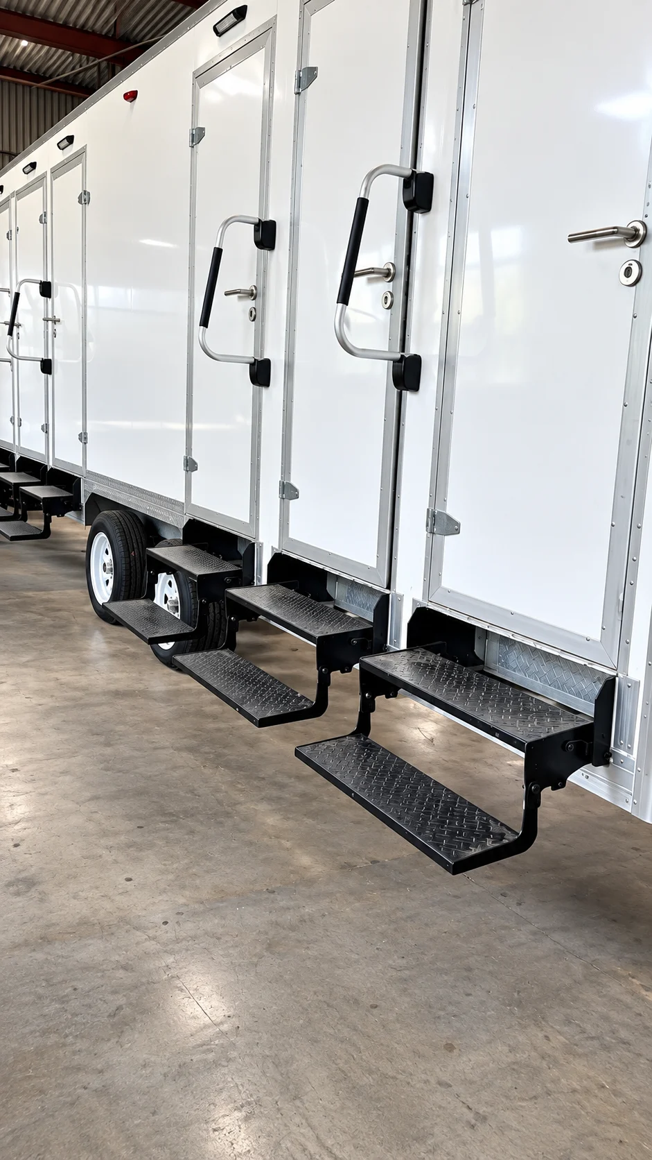 Exterior doors and steps of the combination trailer inside a warehouse