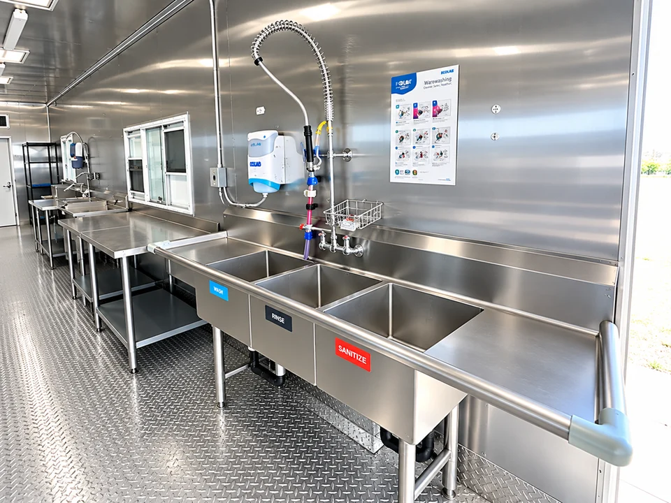 Dishwashing trailer aisle and washing stations