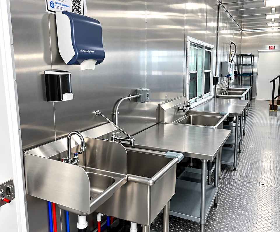 Handwashing and wash sinks inside the dishwashing trailer