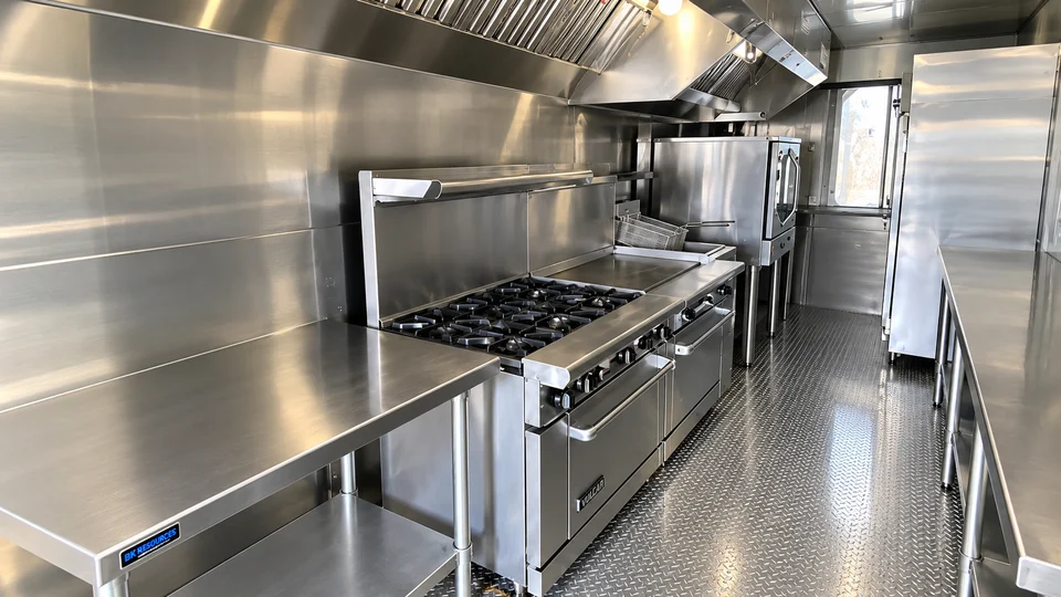 Cooking line and preparation area inside the mobile kitchen