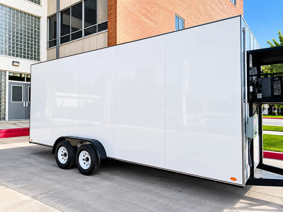 Refrigerated trailer exterior beside a commercial building