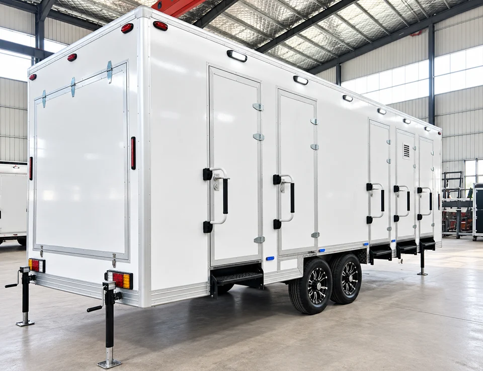 Angled exterior view of the shower-only trailer inside a warehouse