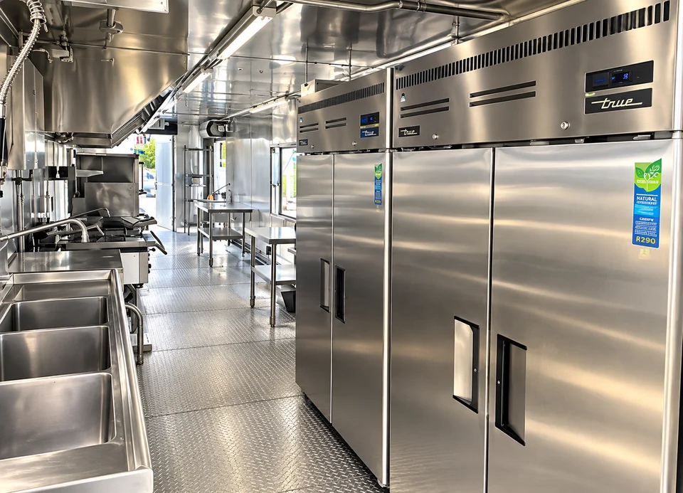 Refrigeration and washing stations inside the bulk kitchen