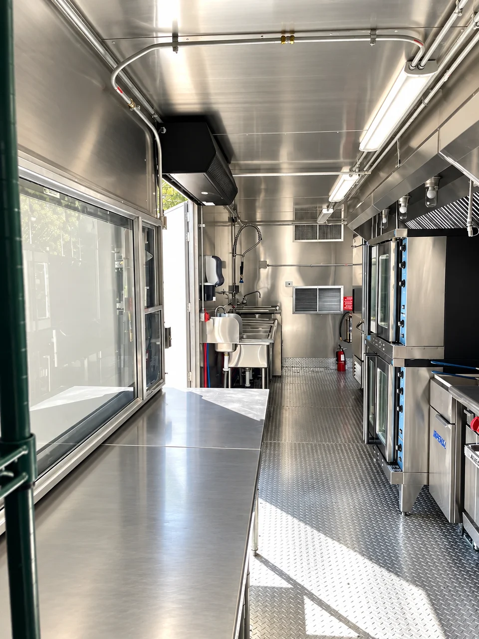 Preparation area inside the combination kitchen trailer