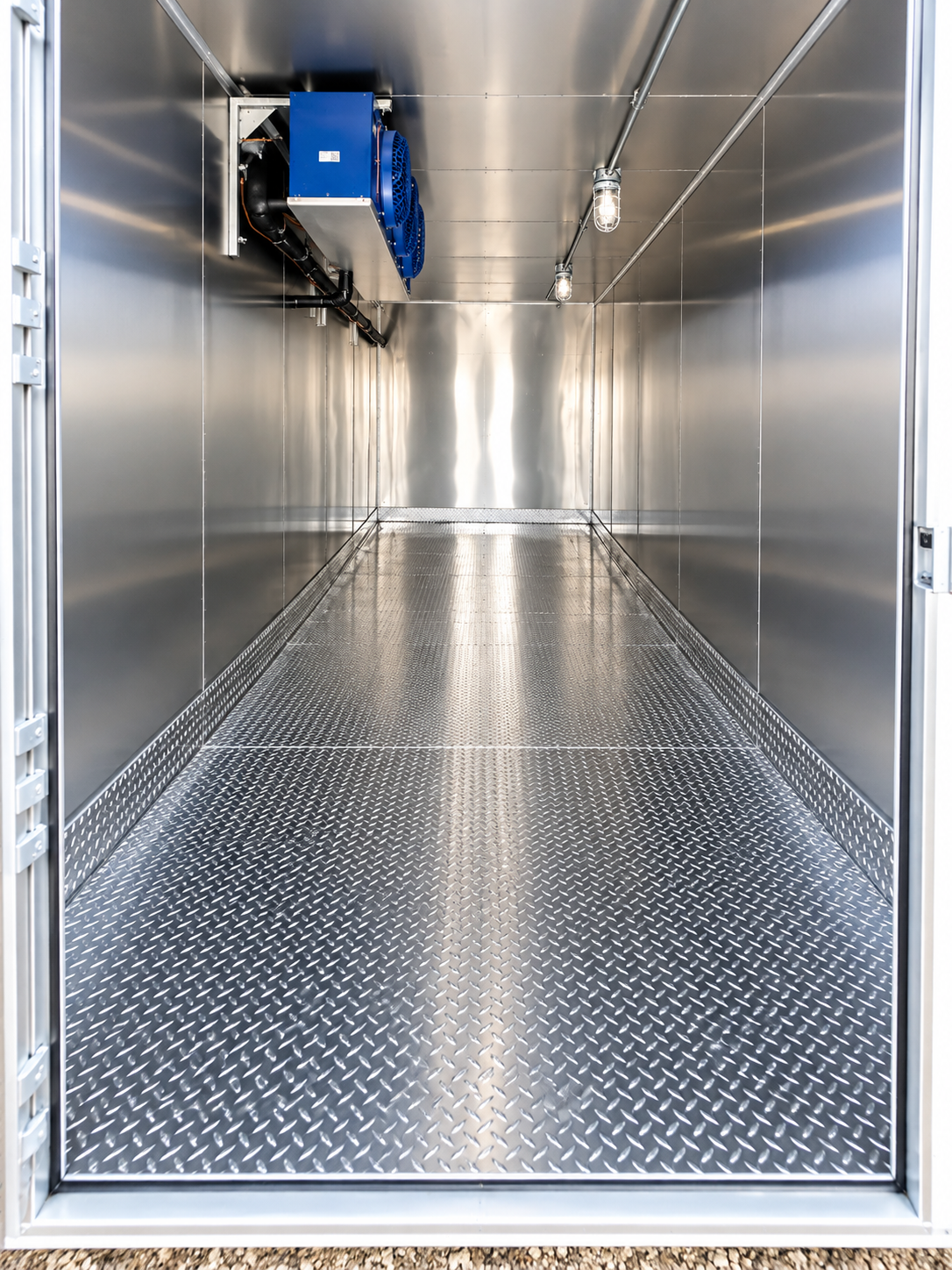 Stainless refrigerated storage interior with overhead cooling unit