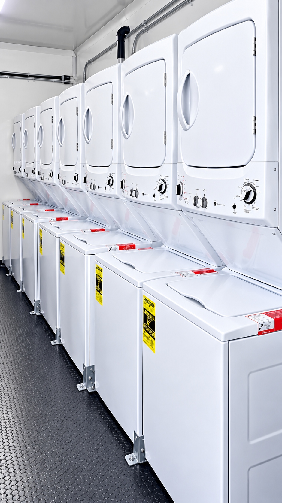 Rows of stacked washers and dryers in a mobile laundry trailer reference