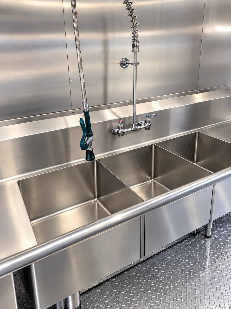 Three-compartment stainless sink and wall-mounted sprayer