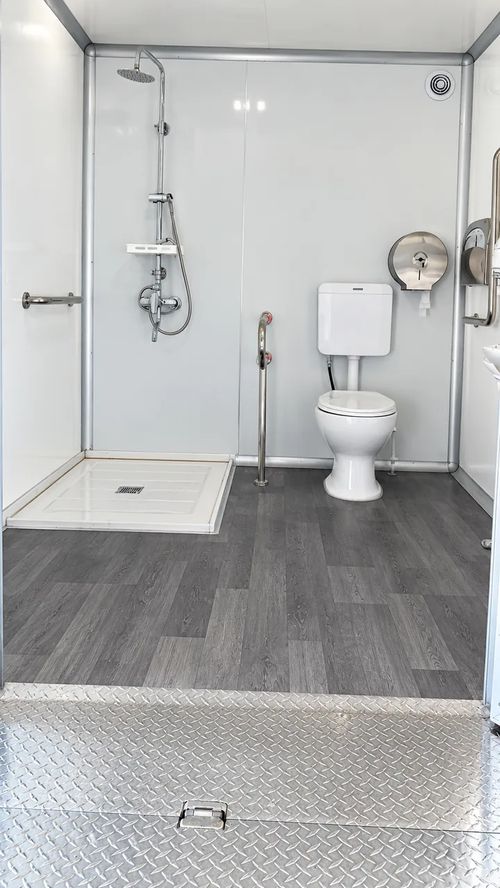 Larger shower and restroom room with grab bars and toilet