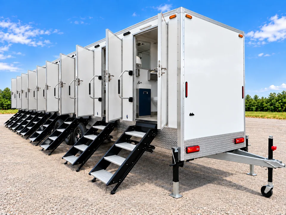Trailer entrance with an open door and portable steps