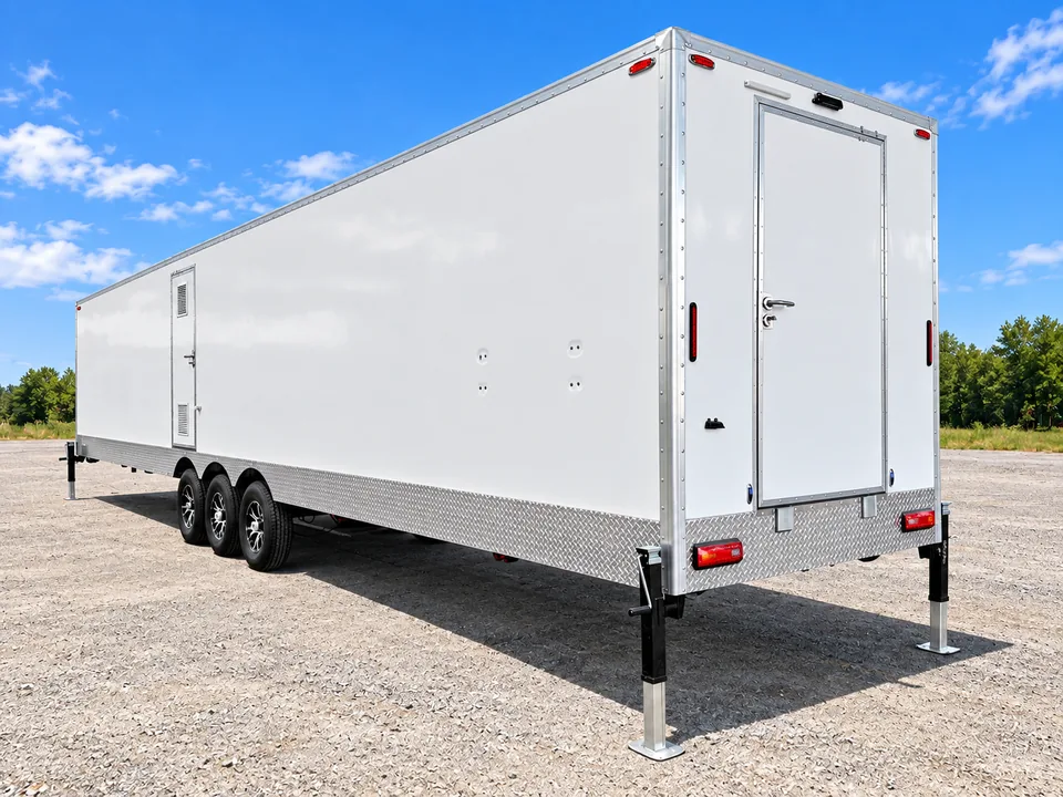 Rear exterior of the shower and restroom trailer